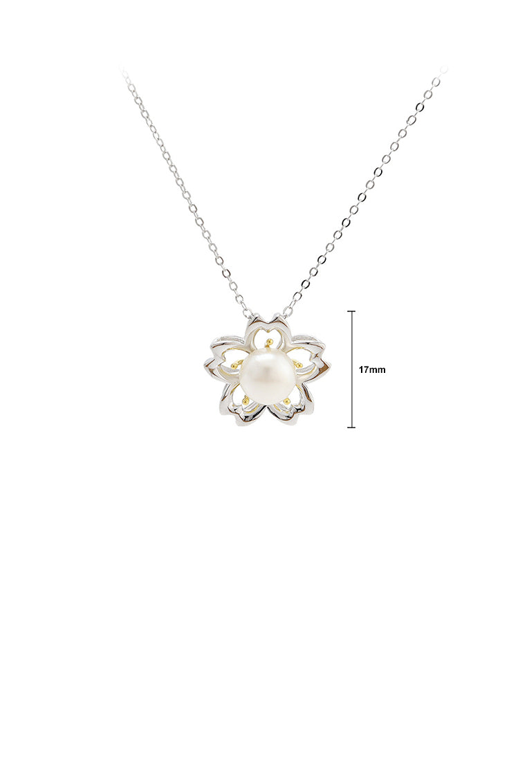 925 Sterling Silver Fashion Elegant Flower White Freshwater Pearl Pendant with Necklace - Luxurious Look