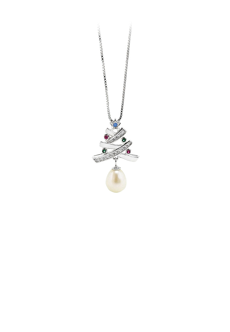 925 Sterling Silver Fashion Creative Christmas Tree White Freshwater Pearl Pendant with Cubic Zirconia and Necklace - Luxurious Look