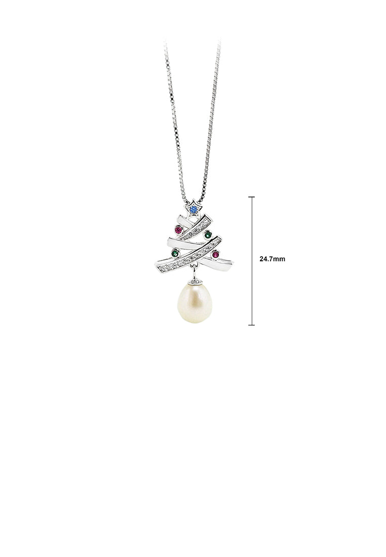 925 Sterling Silver Fashion Creative Christmas Tree White Freshwater Pearl Pendant with Cubic Zirconia and Necklace - Luxurious Look