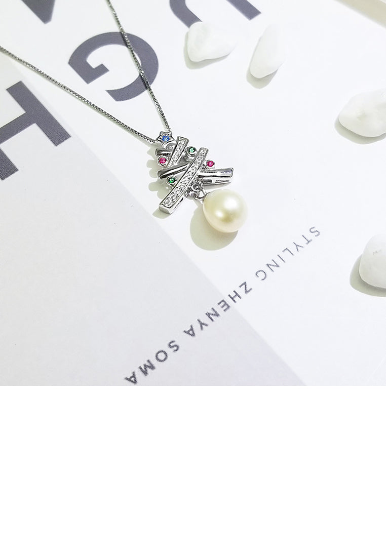 925 Sterling Silver Fashion Creative Christmas Tree White Freshwater Pearl Pendant with Cubic Zirconia and Necklace - Luxurious Look
