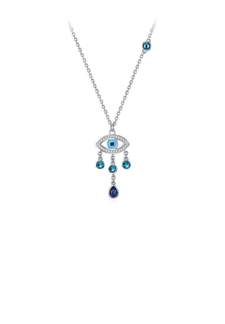 925 Sterling Silver Devil's Eye Pendant with Blue Austrian Element Crystal and Necklace