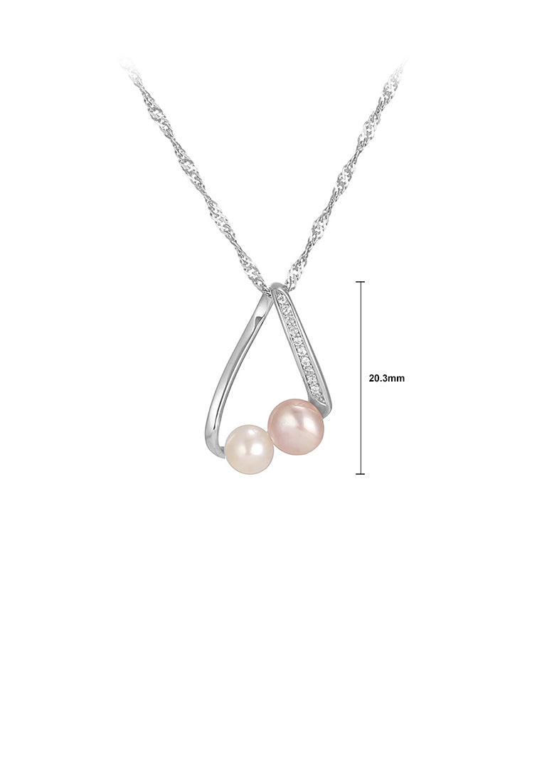 925 Sterling Silver Simple Fashion Geometric Freshwater Pearl Pendant with Cubic Zirconia and Necklace - Luxurious Look