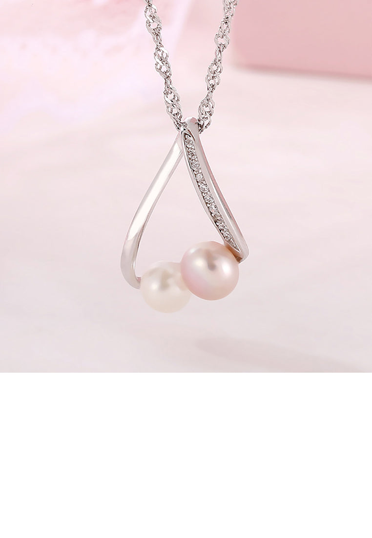 925 Sterling Silver Simple Fashion Geometric Freshwater Pearl Pendant with Cubic Zirconia and Necklace - Luxurious Look