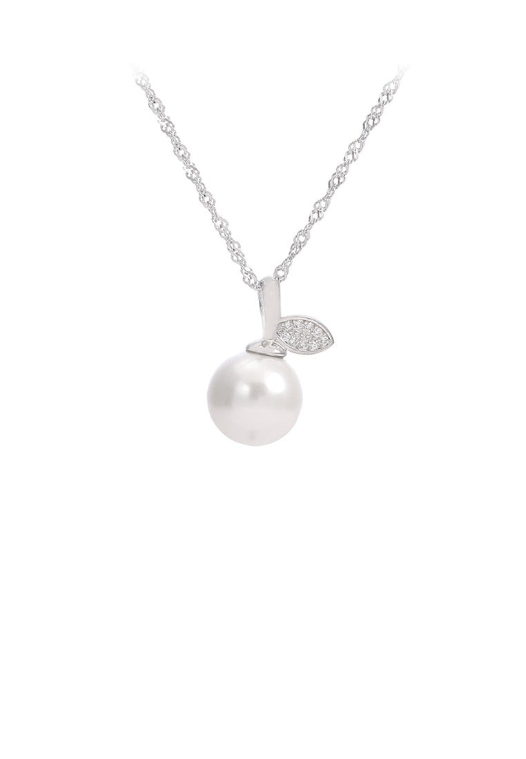 925 Sterling Silver Fashion Elegant Leaf Freshwater Pearl Pendant with Cubic Zirconia and Necklace - Luxurious Look