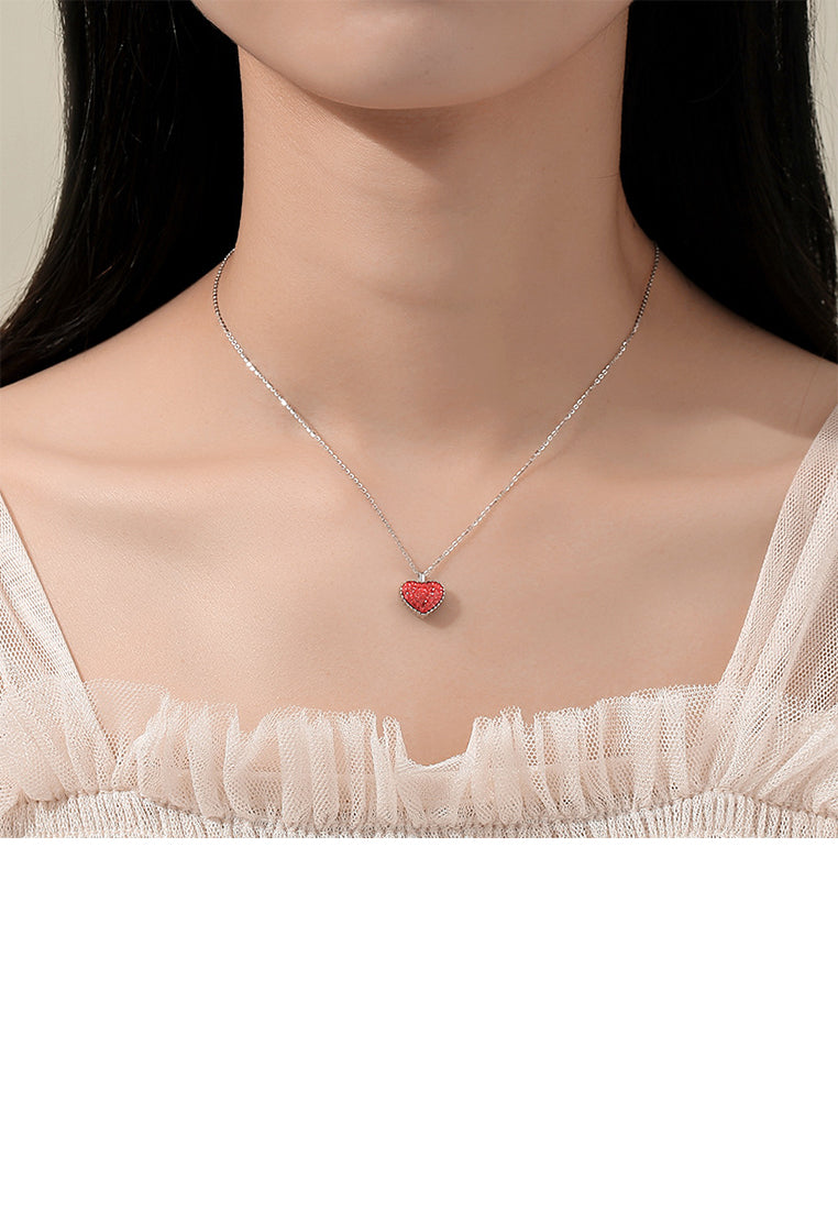 925 Sterling Silver Simple Brilliant Double-sided Heart-shaped Pendant with Cubic Zirconia and Necklace - Luxurious Look