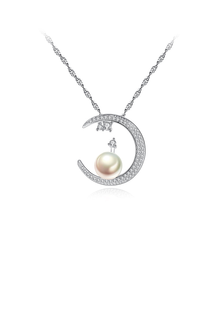925 Sterling Silver Simple Bright Moon White Freshwater Pearl Pendant with Cubic Zirconia and Necklace - Luxurious Look