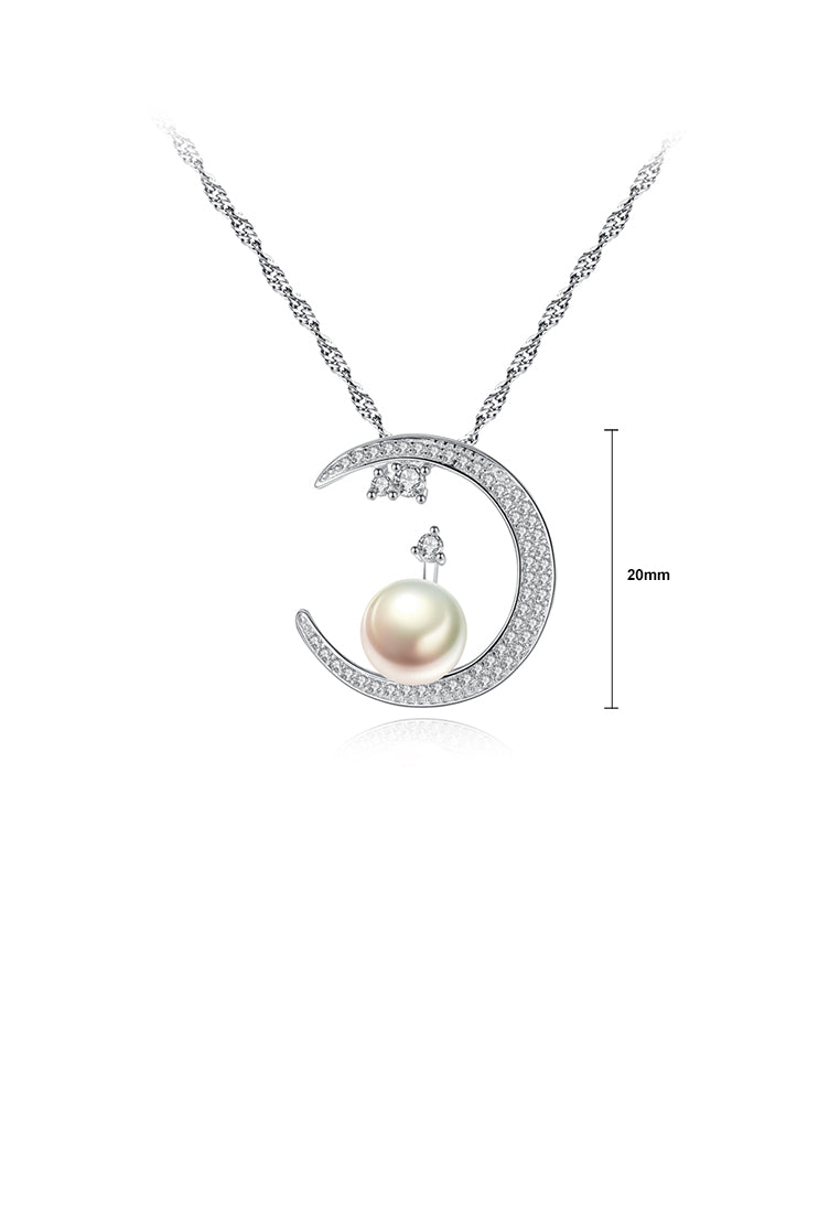 925 Sterling Silver Simple Bright Moon White Freshwater Pearl Pendant with Cubic Zirconia and Necklace - Luxurious Look