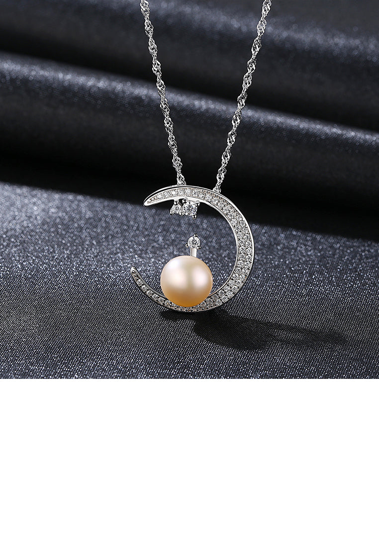 925 Sterling Silver Simple Bright Moon White Freshwater Pearl Pendant with Cubic Zirconia and Necklace - Luxurious Look