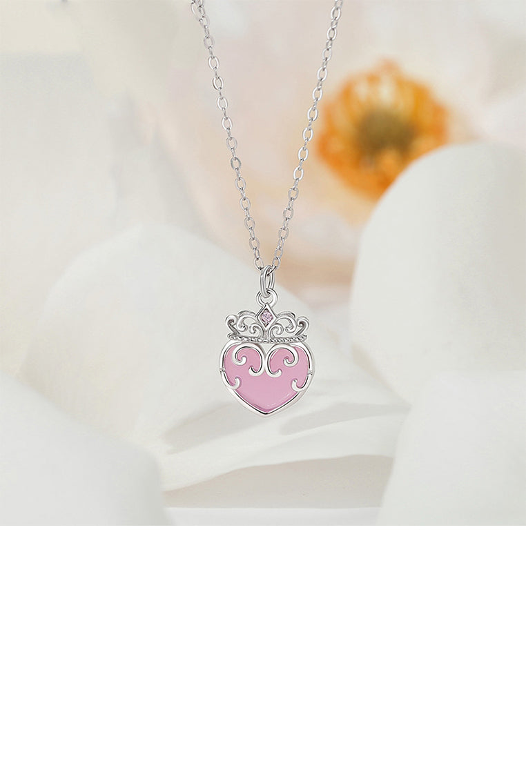 925 Sterling Silver Fashion and Creative Enamel Heart-shaped Crown Pendant with Cubic Zirconia and Necklace - Luxurious Look