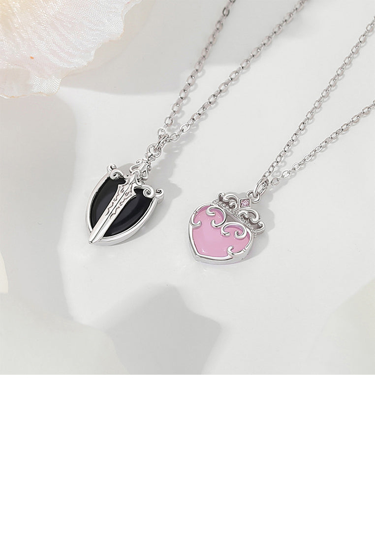 925 Sterling Silver Fashion and Creative Enamel Heart-shaped Crown Pendant with Cubic Zirconia and Necklace - Luxurious Look