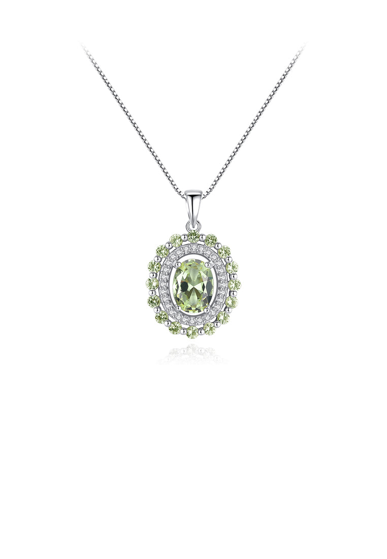 925 Sterling Silver Fashion Simple Geometric Oval Olive Green Cubic Zirconia Pendant with Necklace - Luxurious Look
