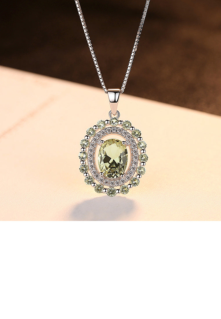 925 Sterling Silver Fashion Simple Geometric Oval Olive Green Cubic Zirconia Pendant with Necklace - Luxurious Look