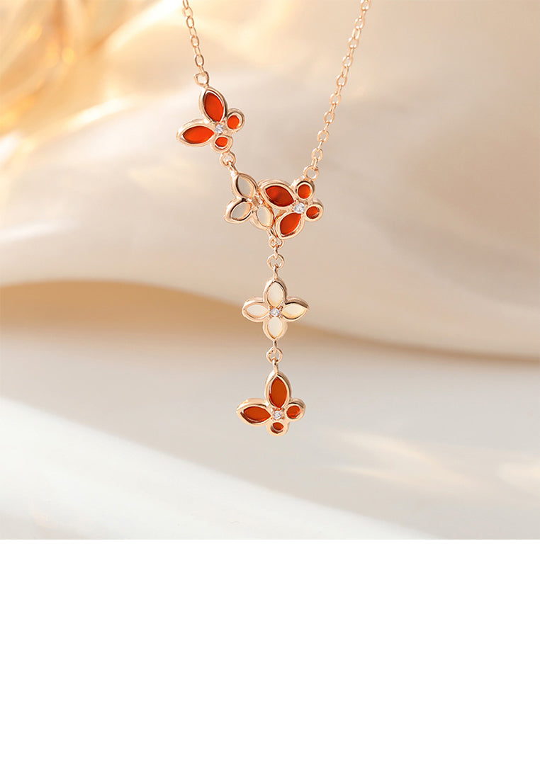 925 Sterling Silver Plated Rose Gold Fashion Simple Butterfly Four-leafed Clover Tassel Pendant with Cubic Zirconia and Necklace - Luxurious Look