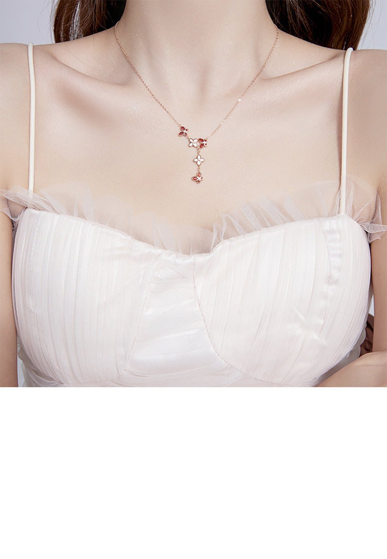 925 Sterling Silver Plated Rose Gold Fashion Simple Butterfly Four-leafed Clover Tassel Pendant with Cubic Zirconia and Necklace - Luxurious Look
