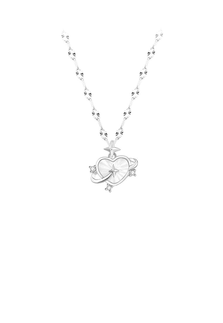 925 Sterling Silver Simple Romantic Heart-shaped Planet Pendant with Cubic Zirconia and Necklace - Luxurious Look