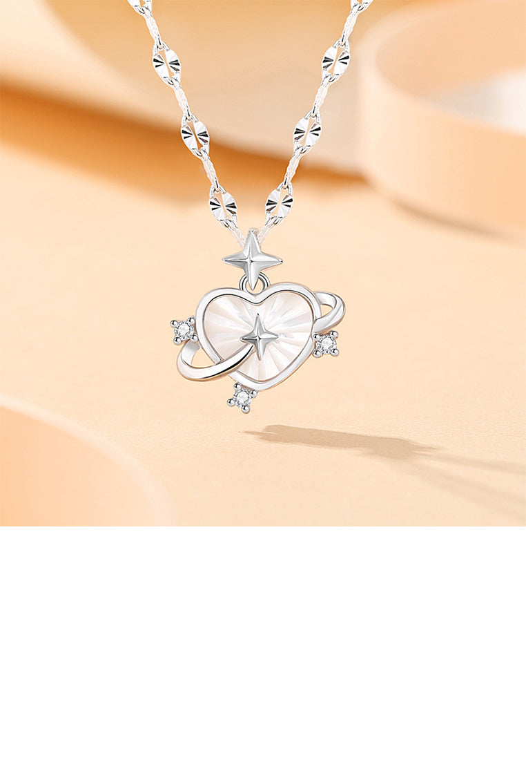 925 Sterling Silver Simple Romantic Heart-shaped Planet Pendant with Cubic Zirconia and Necklace - Luxurious Look