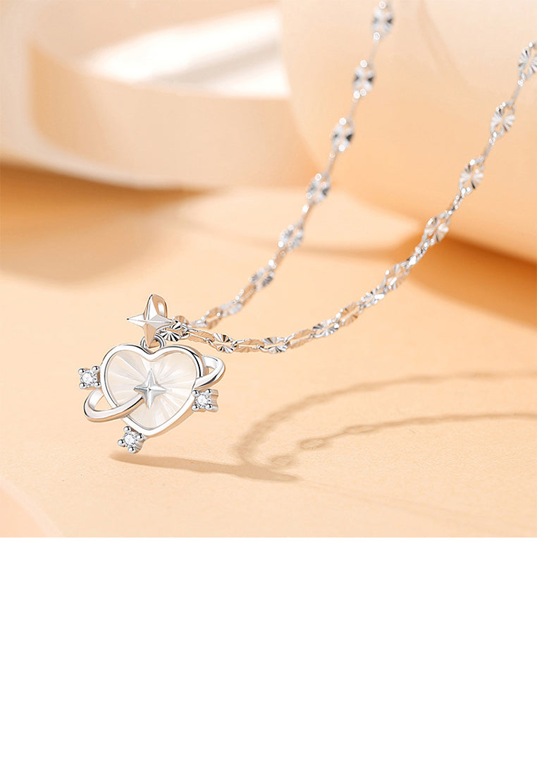 925 Sterling Silver Simple Romantic Heart-shaped Planet Pendant with Cubic Zirconia and Necklace - Luxurious Look