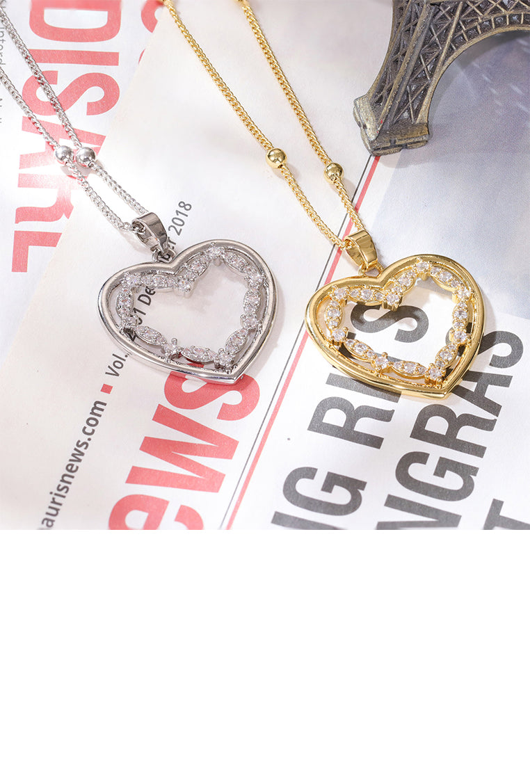 Fashion and Simple Plated Gold Hollow Heart-shaped Pendant with Cubic Zirconia and Necklace - Luxurious Look