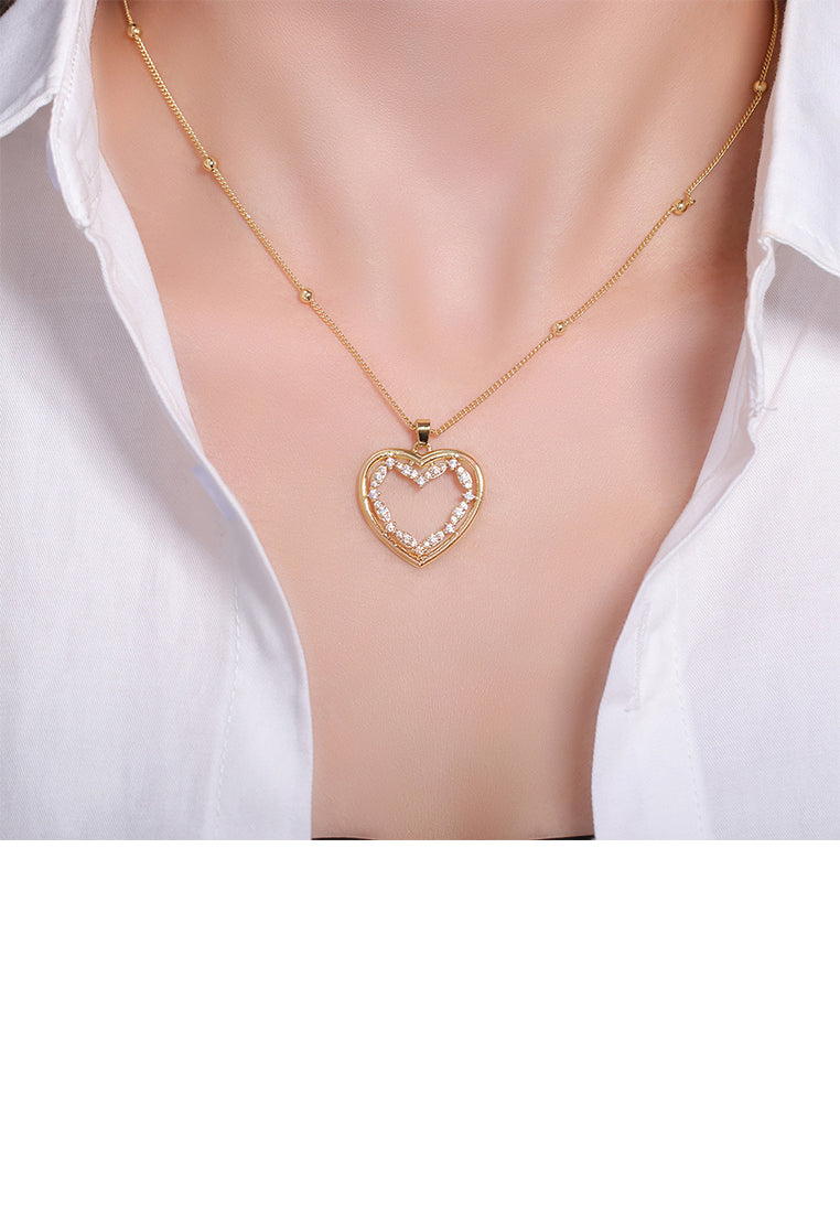 Fashion and Simple Plated Gold Hollow Heart-shaped Pendant with Cubic Zirconia and Necklace - Luxurious Look