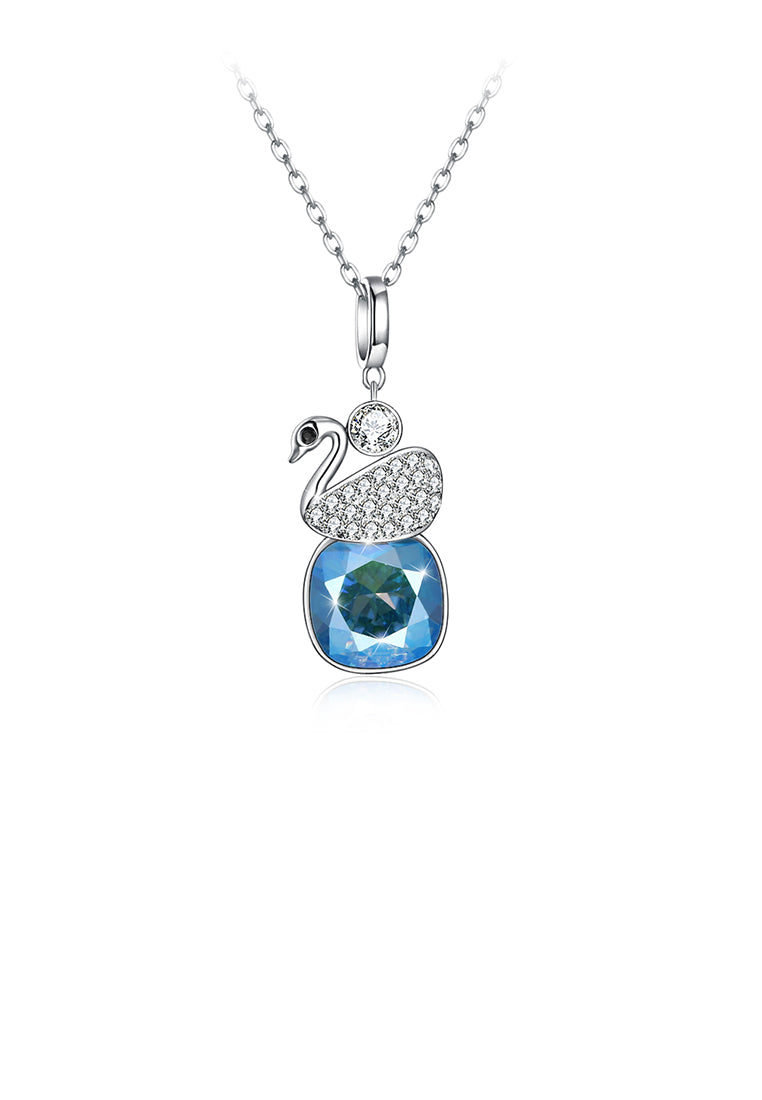 925 Sterling Silver Elegant Swan Geometric Pendant with Blue Austrian Element Crystal and Necklace