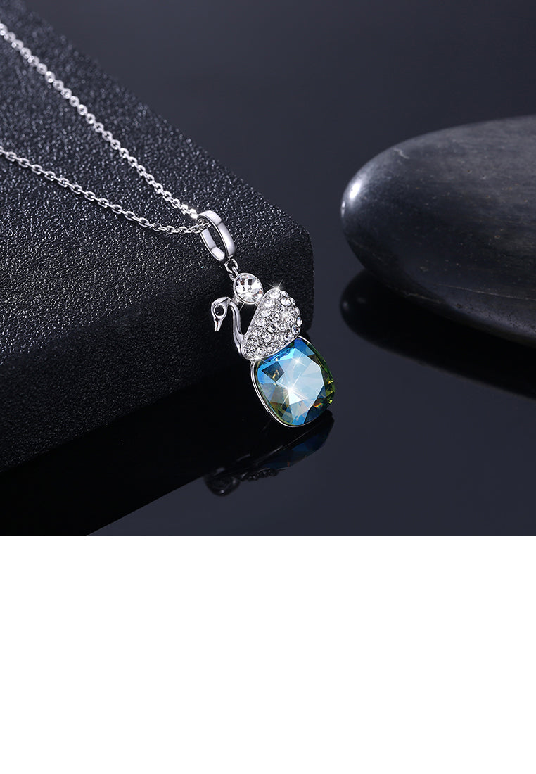 925 Sterling Silver Elegant Swan Geometric Pendant with Blue Austrian Element Crystal and Necklace