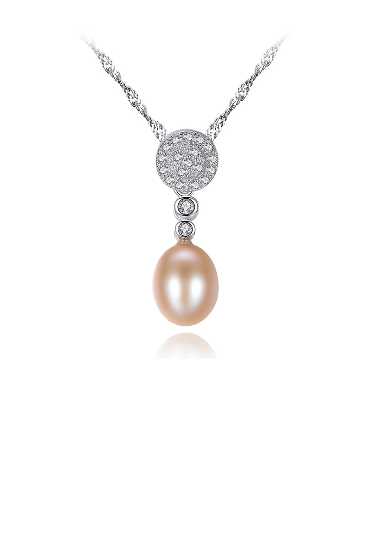 925 Sterling Silver Elegant and Brilliant Geometric Round Pink Freshwater Pearl Pendant with Cubic Zirconia and Necklace - Luxurious Look - Vibrant Color