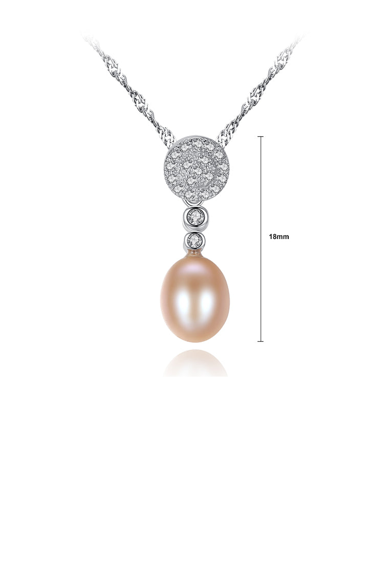 925 Sterling Silver Elegant and Brilliant Geometric Round Pink Freshwater Pearl Pendant with Cubic Zirconia and Necklace - Luxurious Look - Vibrant Color