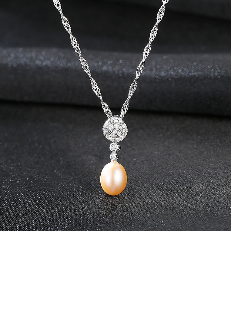 925 Sterling Silver Elegant and Brilliant Geometric Round Pink Freshwater Pearl Pendant with Cubic Zirconia and Necklace - Luxurious Look - Vibrant Color