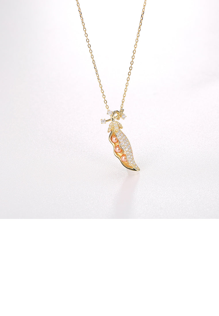 925 Sterling Silver Plated Gold Bean Pendant with Austrian Element Crystal and Necklace