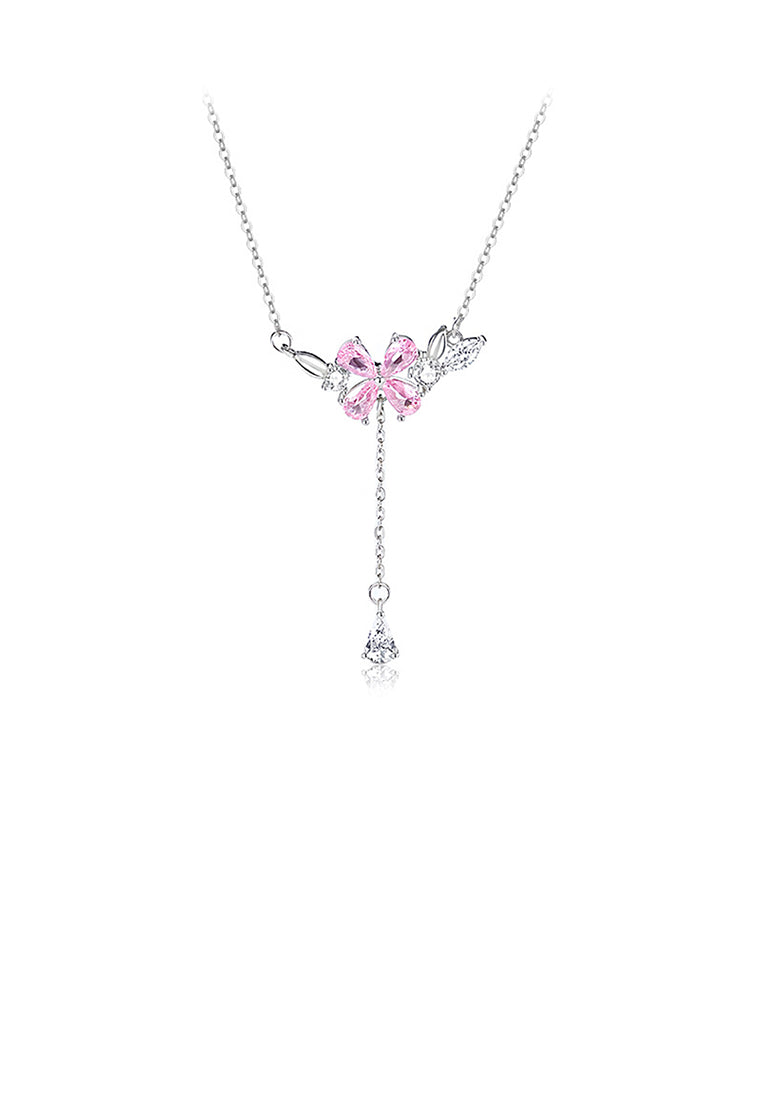 925 Sterling Silver Fashion and Romantic Four-leafed Clover Tassel Pendant with Pink Cubic Zirconia and Necklace - Luxurious Look - Vibrant Color