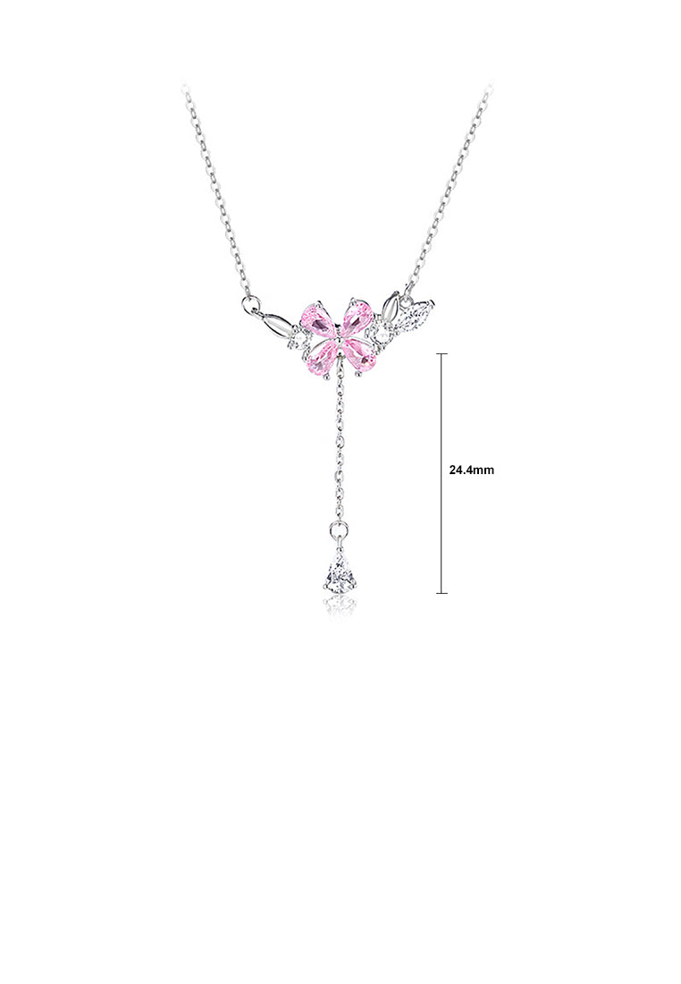 925 Sterling Silver Fashion and Romantic Four-leafed Clover Tassel Pendant with Pink Cubic Zirconia and Necklace - Luxurious Look - Vibrant Color
