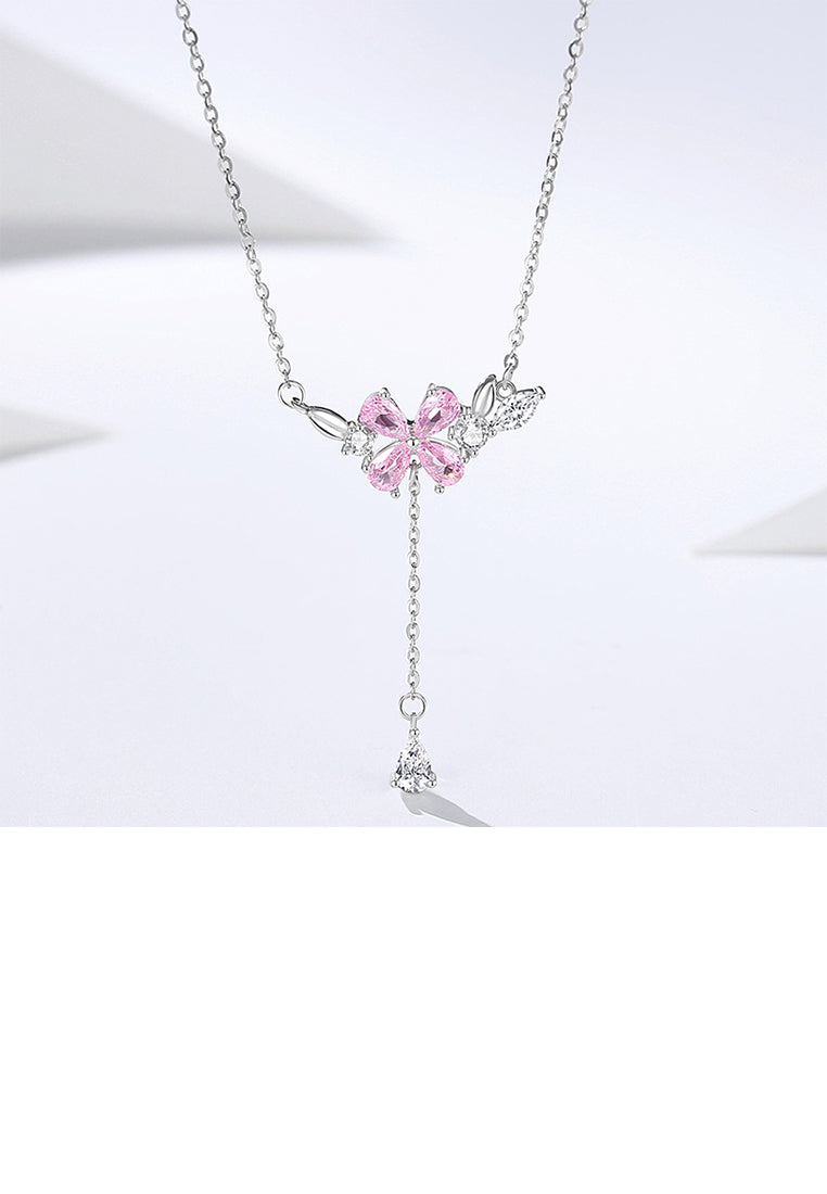 925 Sterling Silver Fashion and Romantic Four-leafed Clover Tassel Pendant with Pink Cubic Zirconia and Necklace - Luxurious Look - Vibrant Color
