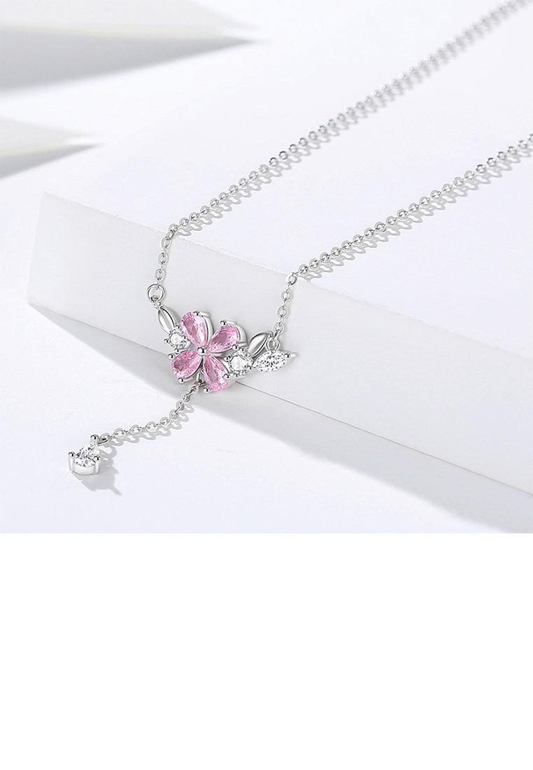 925 Sterling Silver Fashion and Romantic Four-leafed Clover Tassel Pendant with Pink Cubic Zirconia and Necklace - Luxurious Look - Vibrant Color
