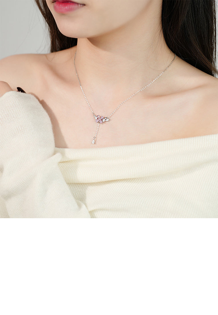 925 Sterling Silver Fashion and Romantic Four-leafed Clover Tassel Pendant with Pink Cubic Zirconia and Necklace - Luxurious Look - Vibrant Color