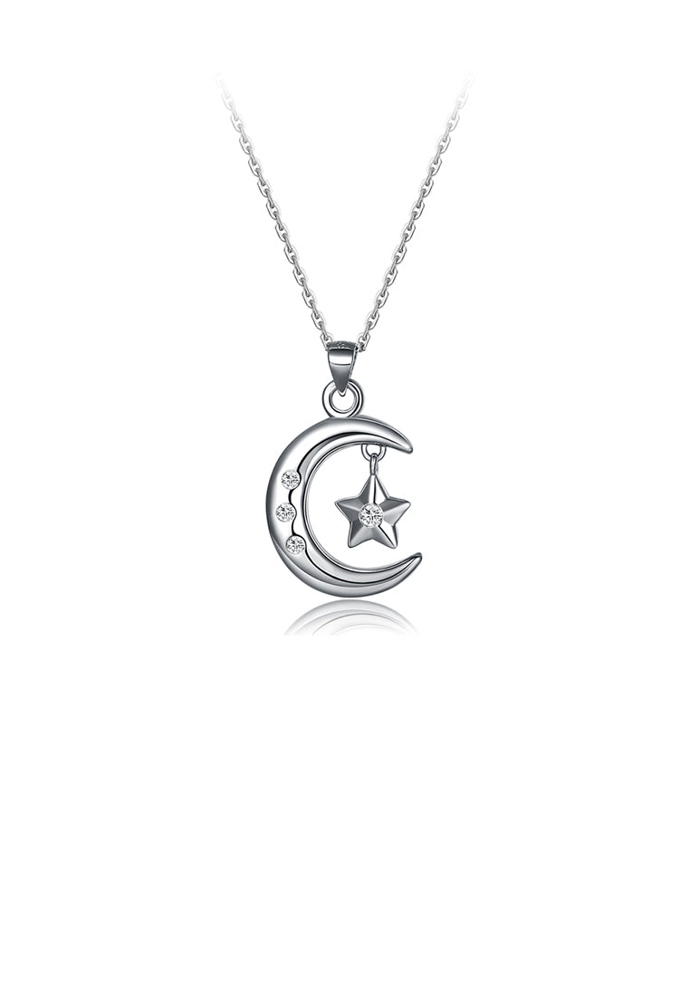 925 Sterling Silver Simple Moon Star Pendant with Cubic Zircon and Necklace