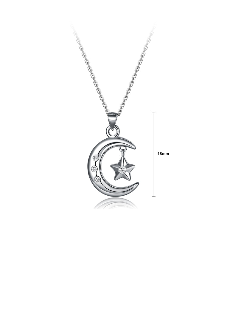 925 Sterling Silver Simple Moon Star Pendant with Cubic Zircon and Necklace