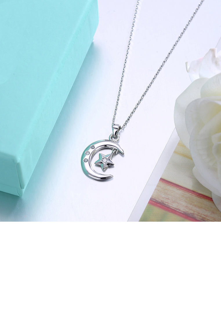 925 Sterling Silver Simple Moon Star Pendant with Cubic Zircon and Necklace