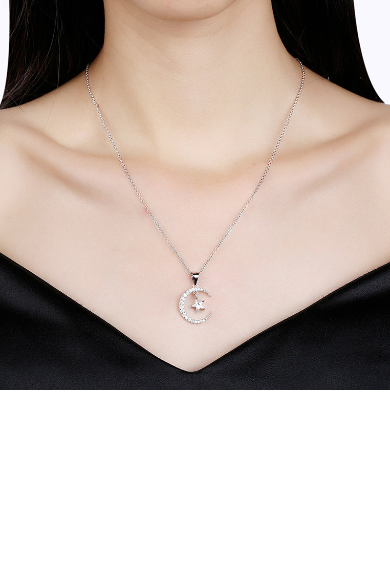 925 Sterling Silver Simple Moon Star Pendant with Cubic Zircon and Necklace