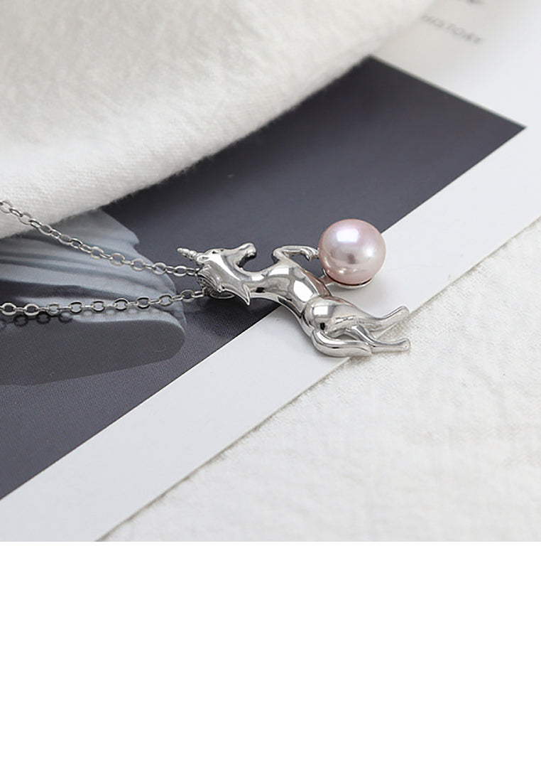 925 Sterling Silver Fashion Simple Unicorn Purple Freshwater Pearl Pendant with Necklace - Luxurious Look