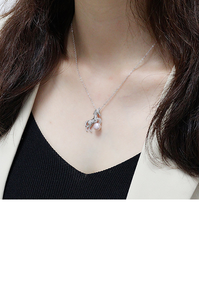 925 Sterling Silver Fashion Simple Unicorn Purple Freshwater Pearl Pendant with Necklace - Luxurious Look