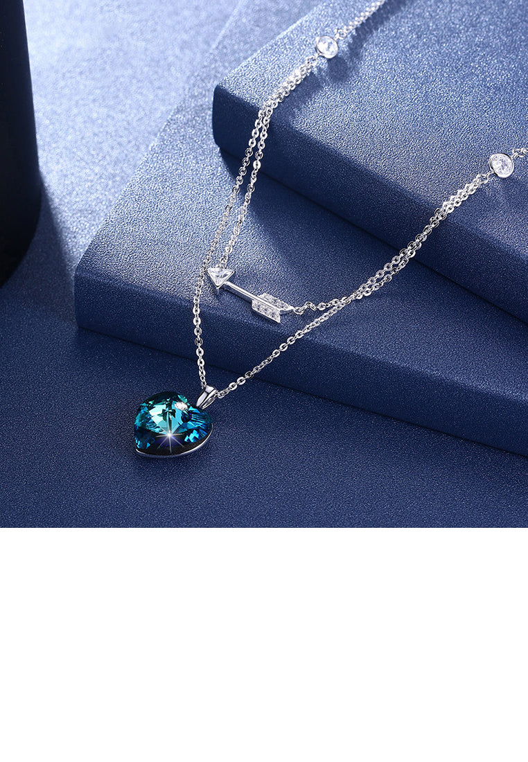 925 Sterling Silver Fashion Romantic Heart Shape and Heart Shape Necklace with Blue Austrian Element Crystal