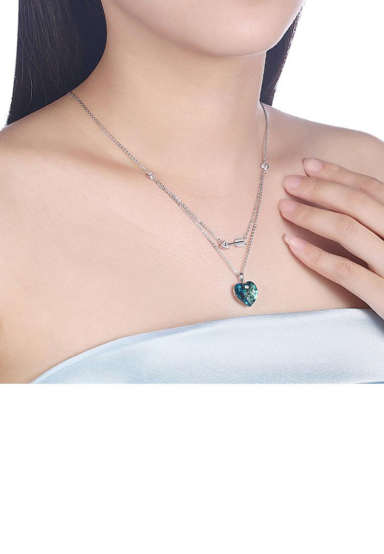 925 Sterling Silver Fashion Romantic Heart Shape and Heart Shape Necklace with Blue Austrian Element Crystal