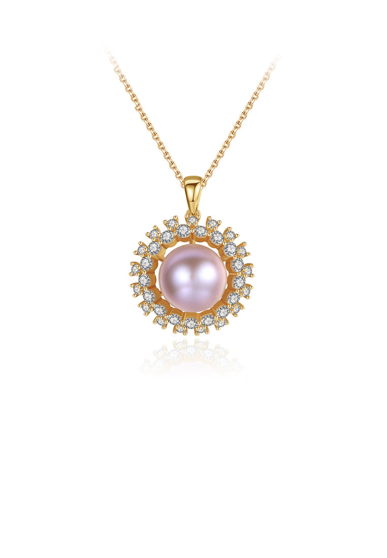 925 Sterling Silver Plated Gold Fashion Elegant Sun Flower Purple Freshwater Pearl Pendant with Cubic Zirconia and Necklace - Luxurious Look