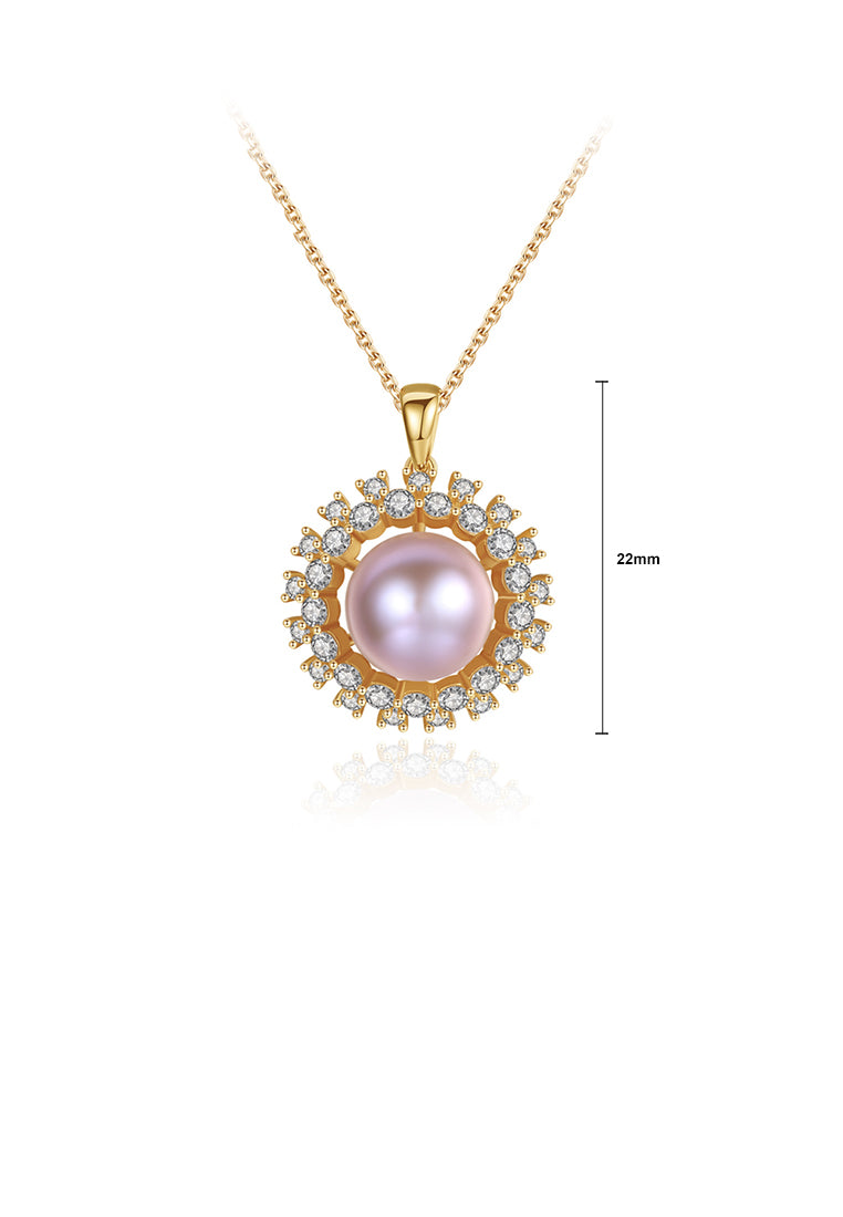925 Sterling Silver Plated Gold Fashion Elegant Sun Flower Purple Freshwater Pearl Pendant with Cubic Zirconia and Necklace - Luxurious Look