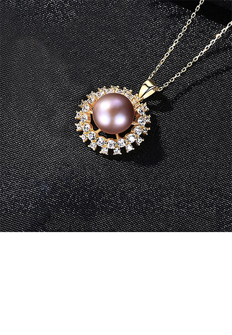 925 Sterling Silver Plated Gold Fashion Elegant Sun Flower Purple Freshwater Pearl Pendant with Cubic Zirconia and Necklace - Luxurious Look