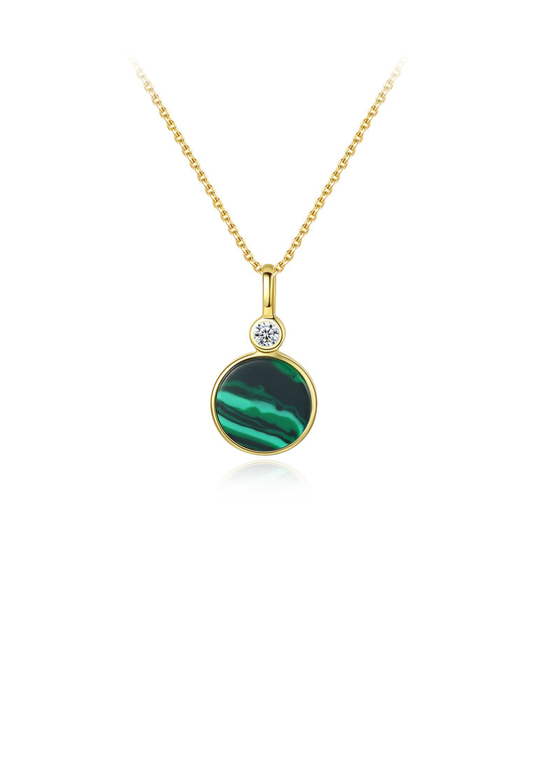 925 Sterling Silver Plated Gold Fashion Simple Geometric Round Imitation Malachite Pendant with Cubic Zirconia and Necklace - Luxurious Look