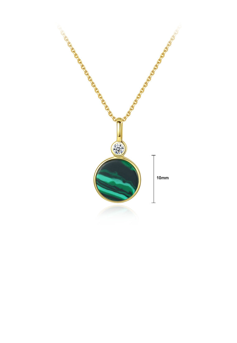 925 Sterling Silver Plated Gold Fashion Simple Geometric Round Imitation Malachite Pendant with Cubic Zirconia and Necklace - Luxurious Look