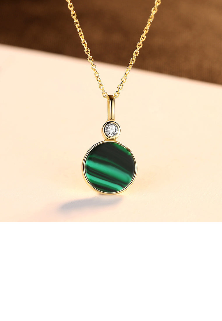 925 Sterling Silver Plated Gold Fashion Simple Geometric Round Imitation Malachite Pendant with Cubic Zirconia and Necklace - Luxurious Look