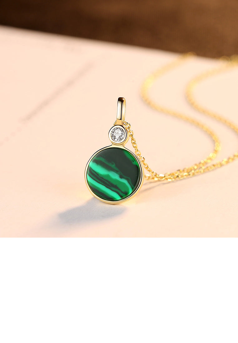 925 Sterling Silver Plated Gold Fashion Simple Geometric Round Imitation Malachite Pendant with Cubic Zirconia and Necklace - Luxurious Look