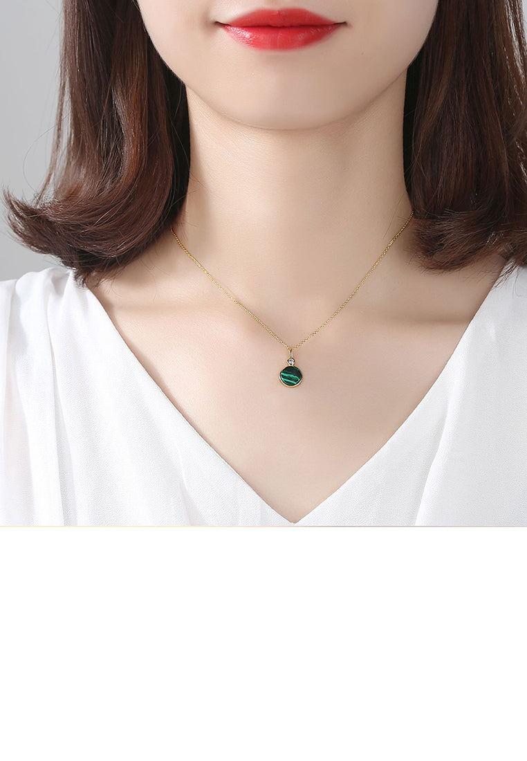 925 Sterling Silver Plated Gold Fashion Simple Geometric Round Imitation Malachite Pendant with Cubic Zirconia and Necklace - Luxurious Look